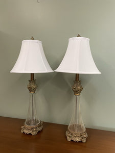 (2) Lamp clear with ornate stand/ white shade