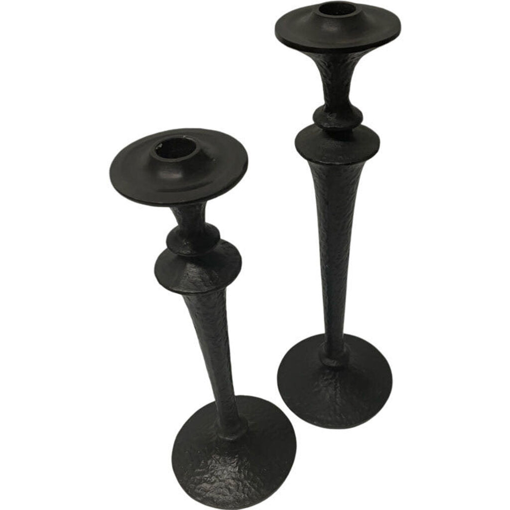 (2) Pottery Barn Black forged hammered iron tapered candleholders