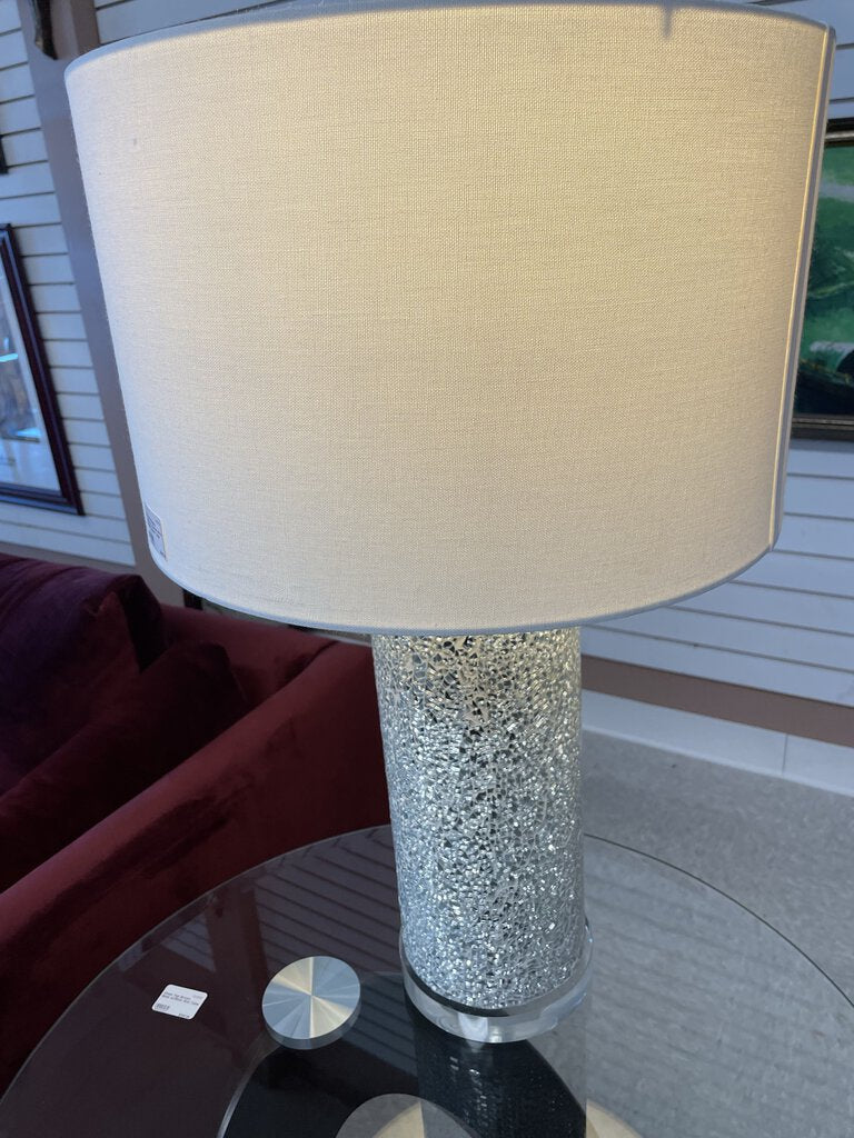 (2) Silver Regina Andrew Crackled Mirror Glass Column Table Lamp with Lucite Base and White
