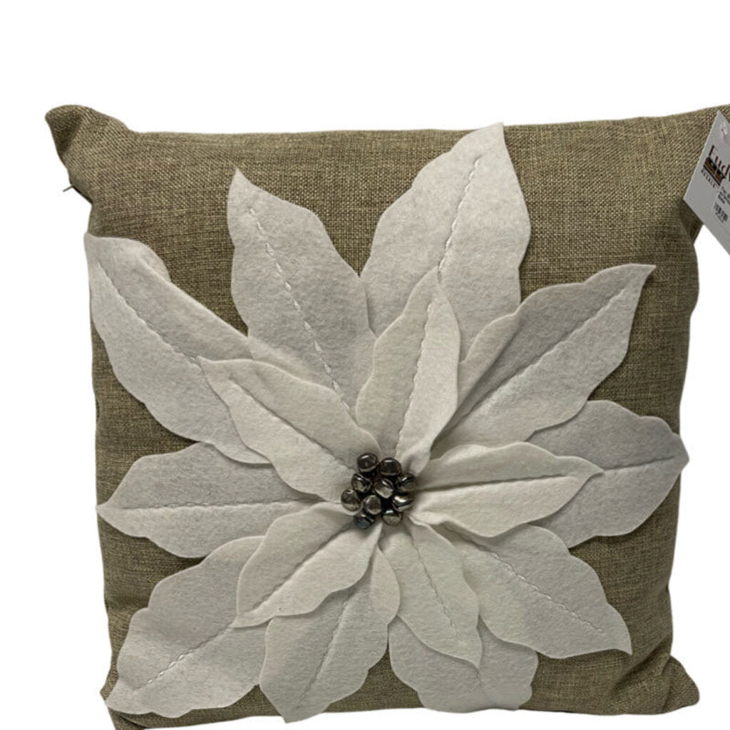 Tan Burlap Pillow w/White Poinsettia Silver Bells
