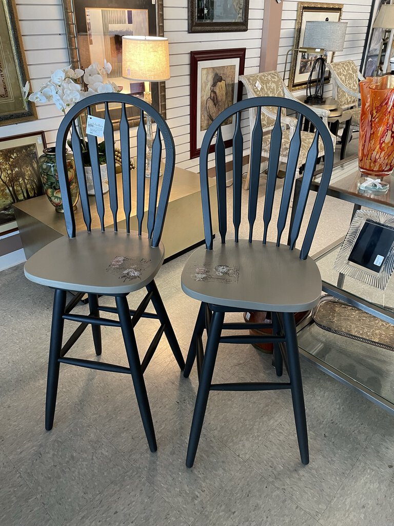 (2) Dark Grey and Taupe Barstools w/Design on Seat