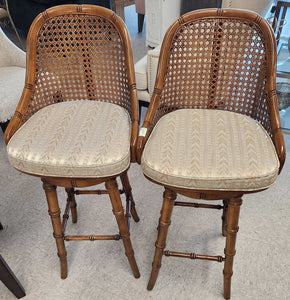(2) Vintage Wicker Back Swivel Barstools Tan/Light Blue Upholstered Seat